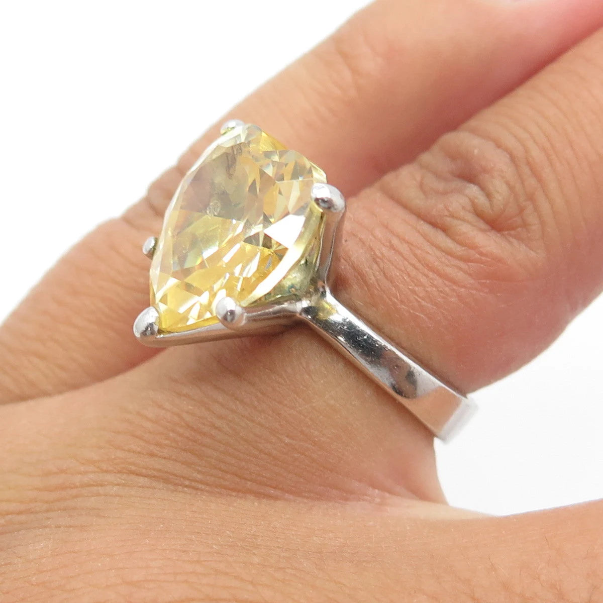925 Sterling Silver Heart-Cut Shaped Yellow C Z Engagement Ring Size 5