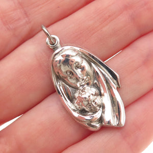 925 Sterling Silver Vintage St. Mary & Jesus Oxidized Charm Pendant