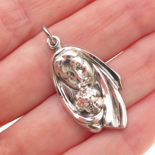 925 Sterling Silver Vintage St. Mary & Jesus Oxidized Charm Pendant