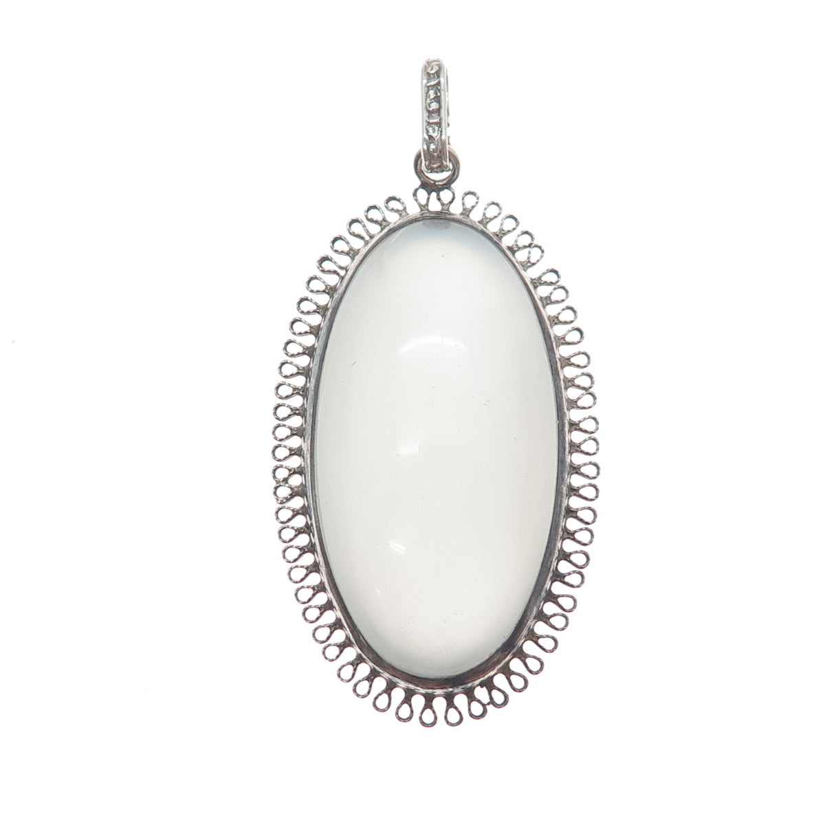 925 Sterling Silver Antique Art Deco Milky Glass Filigree Pendant