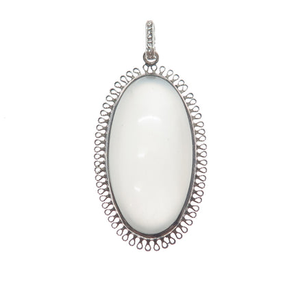 925 Sterling Silver Antique Art Deco Milky Glass Filigree Pendant