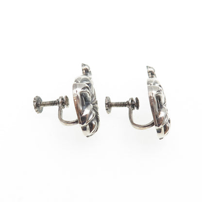 925 Sterling Antique Art Deco Lily Flower Repousse Oxidized Screw Back Earrings