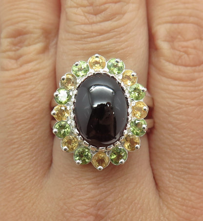 925 Sterling Silver Real Cabochon Tourmaline Peridot & Citrine Ring Size 8