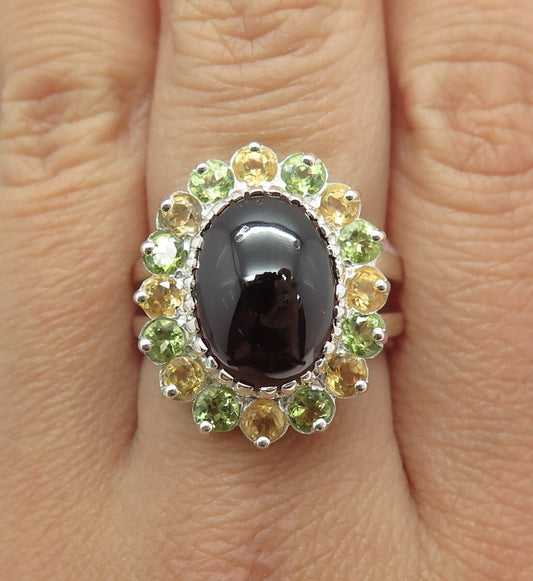 925 Sterling Silver Real Cabochon Tourmaline Peridot & Citrine Ring Size 8