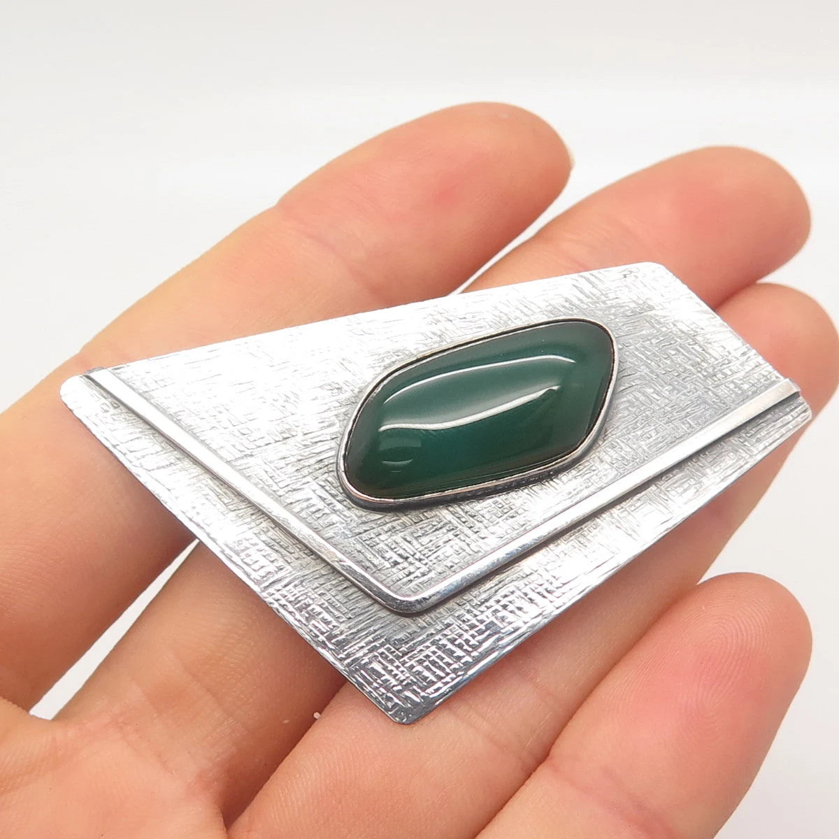 935 Silver Vintage Real Green Onyx Gemstone Textured Pin Brooch / Pendant