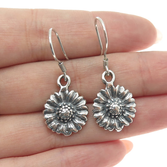 925 Sterling Silver Vintage Mexico Daisy Flower Oxidized Dangle Earrings