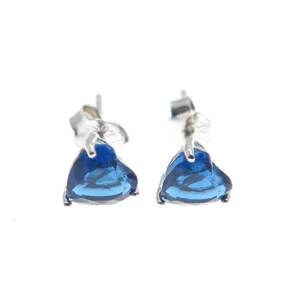 925 Sterling Silver Heart-Cut Dark Blue C Z Stud Earrings