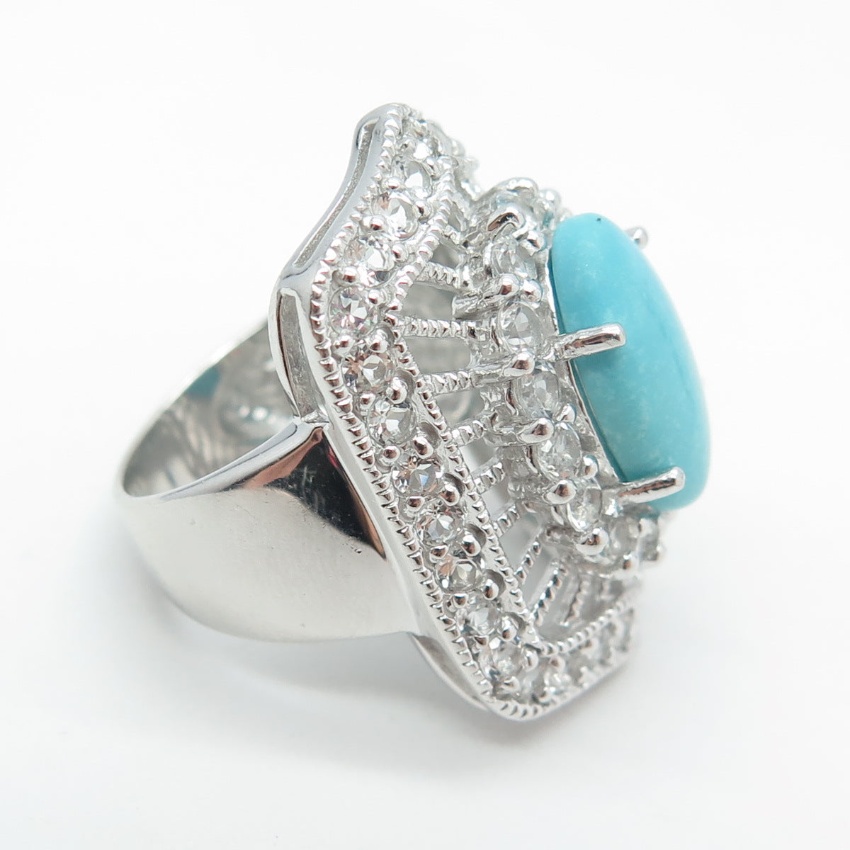 925 Sterling Silver Real Turquoise & White Topaz Bohemian Ring Size 6