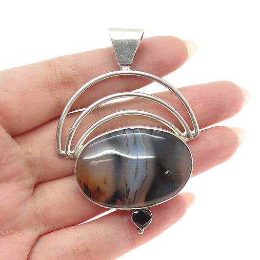 925 Sterling Silver Vintage Picture Agate & Red Garnet Gem Modernist Pendant