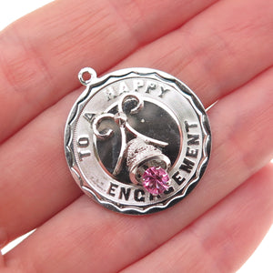925 Sterling Silver Vintage Pink Rhinestone To A Happy Engagement Charm Pendant