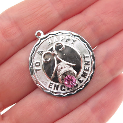 925 Sterling Silver Vintage Pink Rhinestone To A Happy Engagement Charm Pendant
