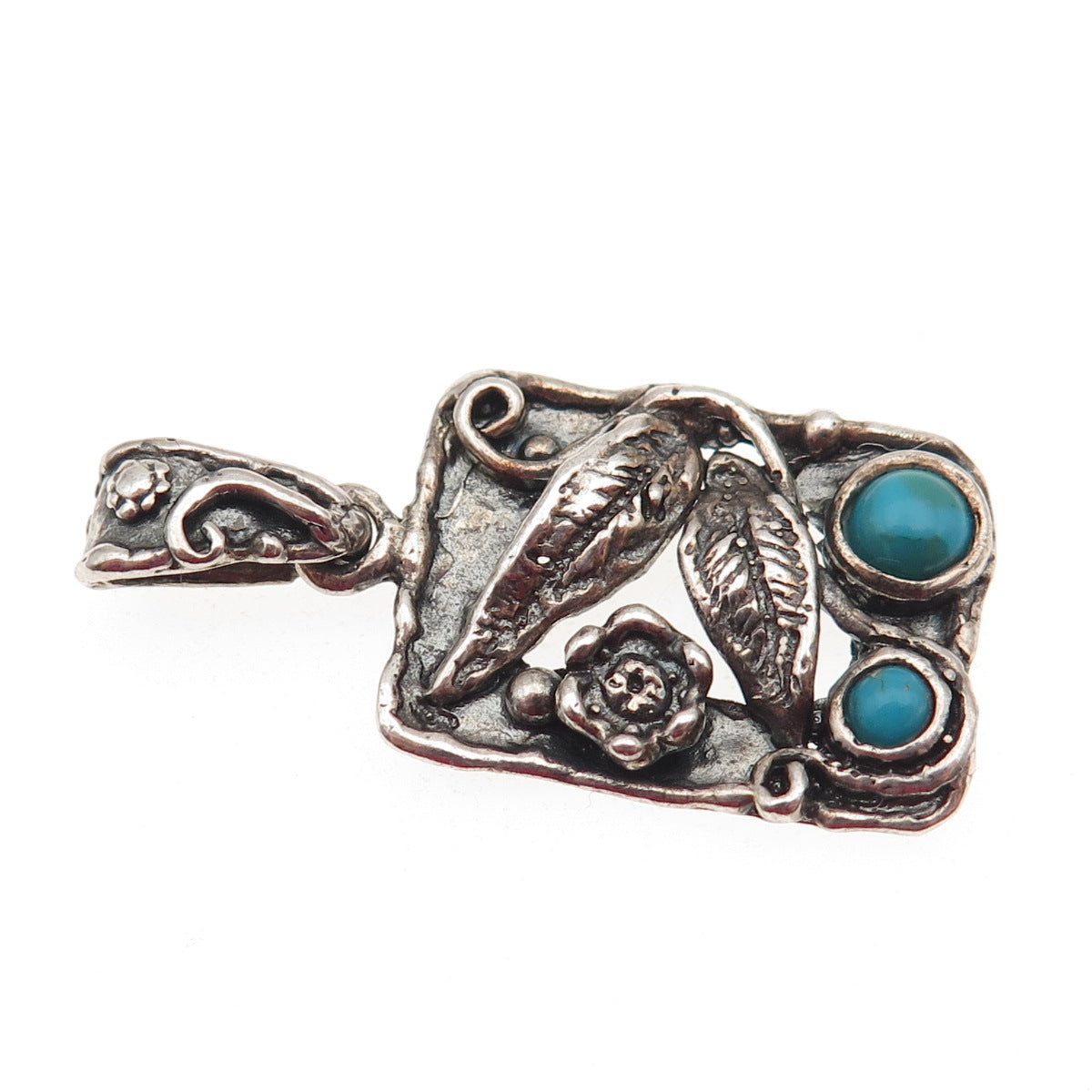 925 Sterling Silver Vintage Real Turquoise Floral Oxidized Charm Pendant