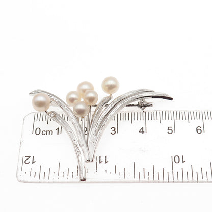 925 Sterling Silver Antique Art Deco Real Akoya Pearl Floral Pin Brooch