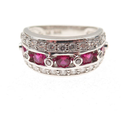 925 Sterling Silver Round-Cut Lab-Created Ruby & C Z Ring Size 5.25