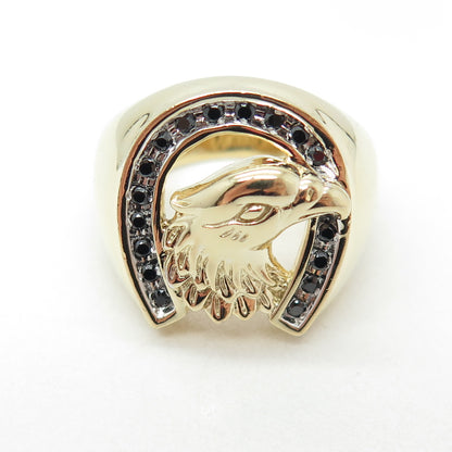 925 Sterling Silver Gold Plated Round Black C Z Horseshoe & Eagle Ring Size 9.25