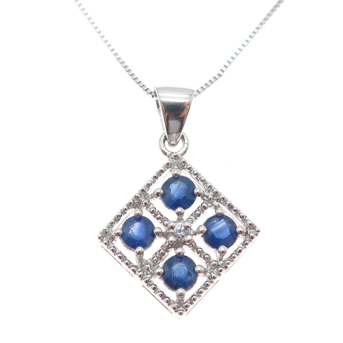 925 Sterling Silver Real Sapphire & White Topaz Box Chain Necklace 18"