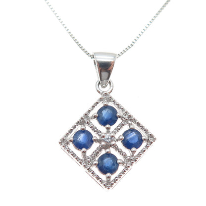925 Sterling Silver Real Sapphire & White Topaz Box Chain Necklace 18"