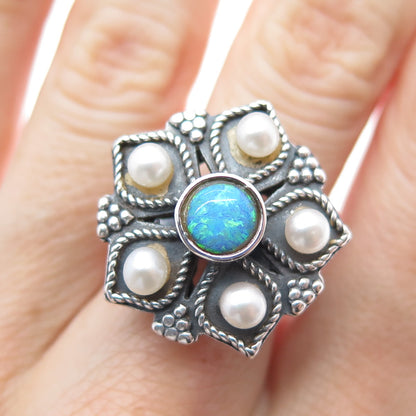 925 Sterling Silver Vintage Real Pearl & Opal Flower Oxidized Ring Size 7.25