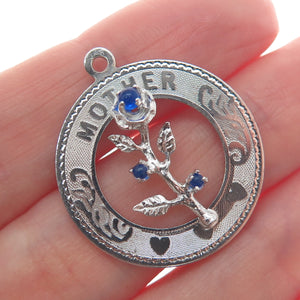 925 Sterling Silver Vintage M&M Blue Rhinestone Mother Rose Charm Pendant