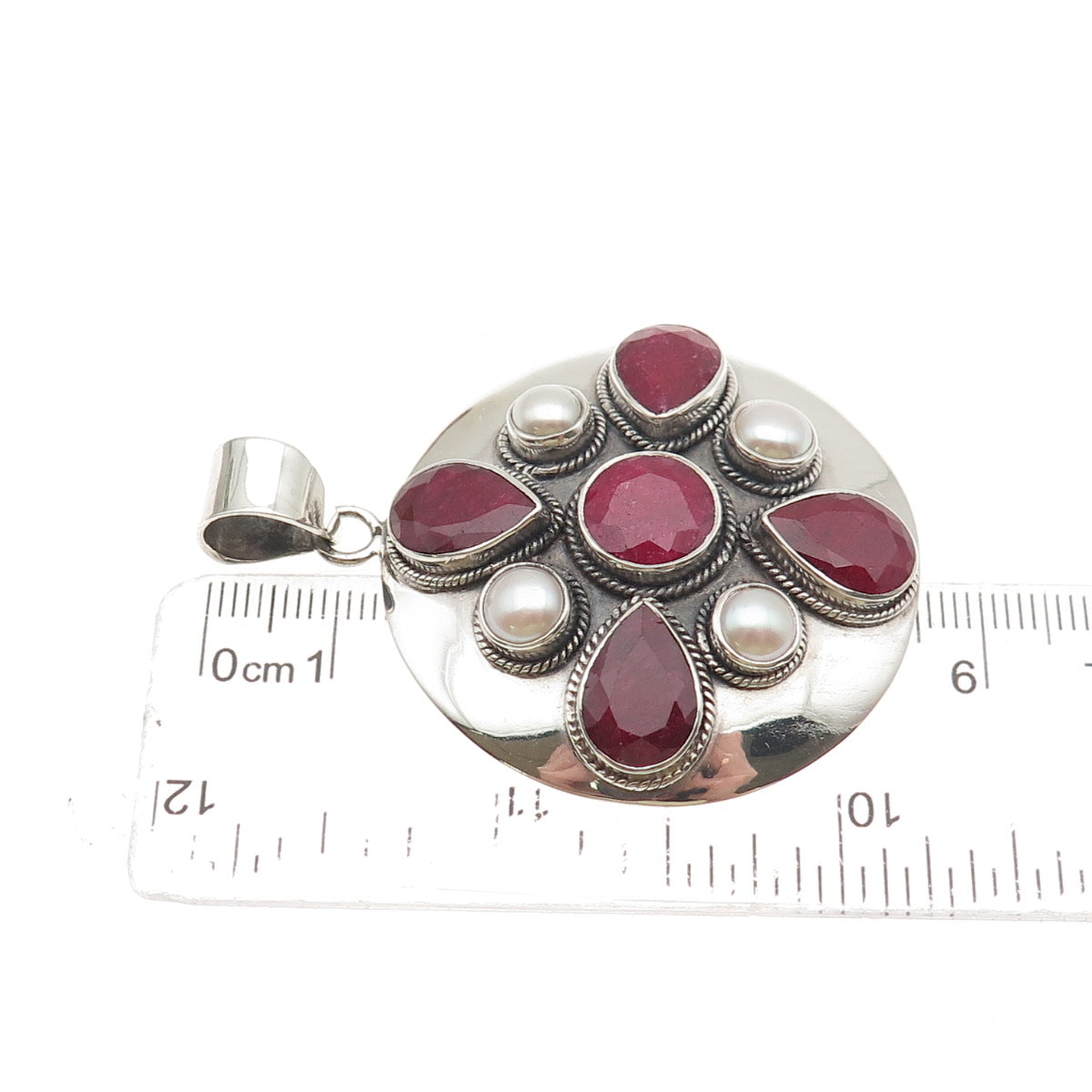 Fadi 925 Sterling Silver Vintage Real Ruby & Pearl Modernist Disc Pendant