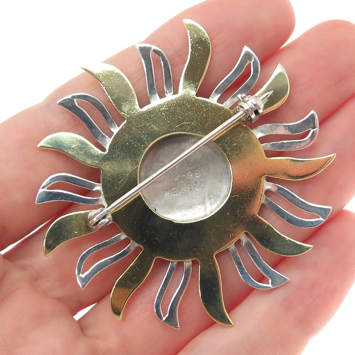 925 Sterling Silver 2-Tone Vintage Mexico Sun Face Pin Brooch