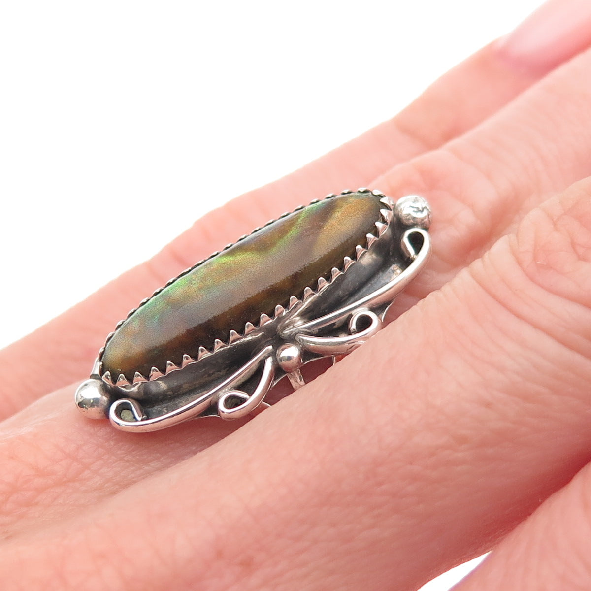 Sarah Curley Navajo Old Pawn 925 Sterling Vintage Abalone Shell Ring Size 4.75