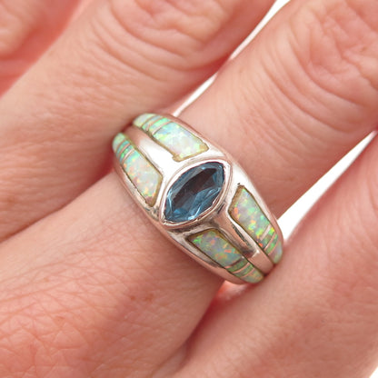 Vera Luna Zuni Old Pawn Sterling Silver Vintage Blue Topaz & Opal Ring Size 6.75