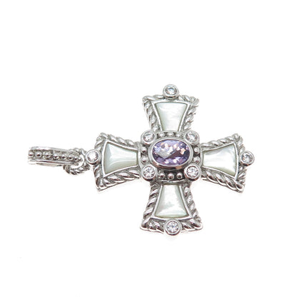 JUDITH RIPKA 925 Sterling Silver Real Amethyst MOP & C Z Cross Charm Pendant
