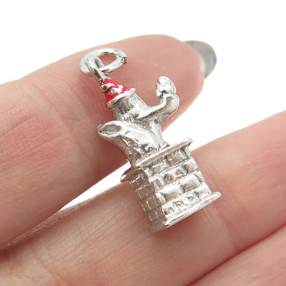 925 Sterling Silver Vintage Red Enamel Santa Chimney 3D Pendant