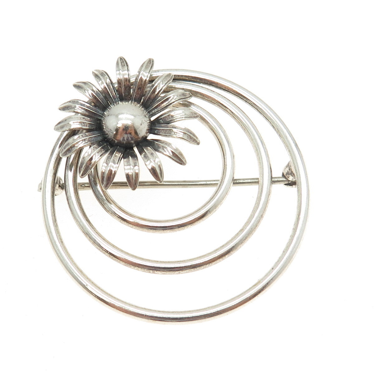 W. E. RICHARDS 925 Sterling Silver Vintage Floral Triple Circle Pin Brooch
