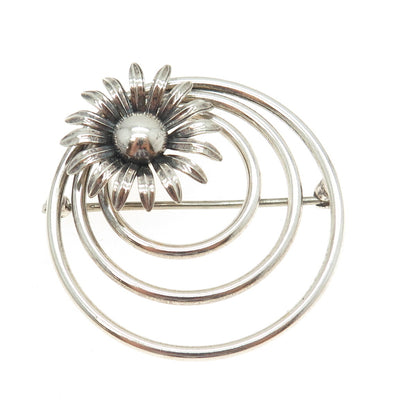 W. E. RICHARDS 925 Sterling Silver Vintage Floral Triple Circle Pin Brooch
