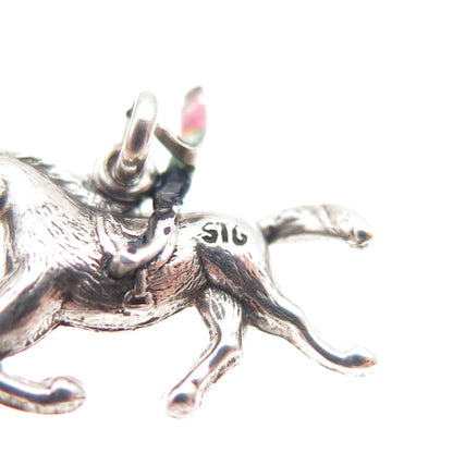 925 Sterling Silver Antique Art Deco Enamel Horse Rider Mini Charm Pendant