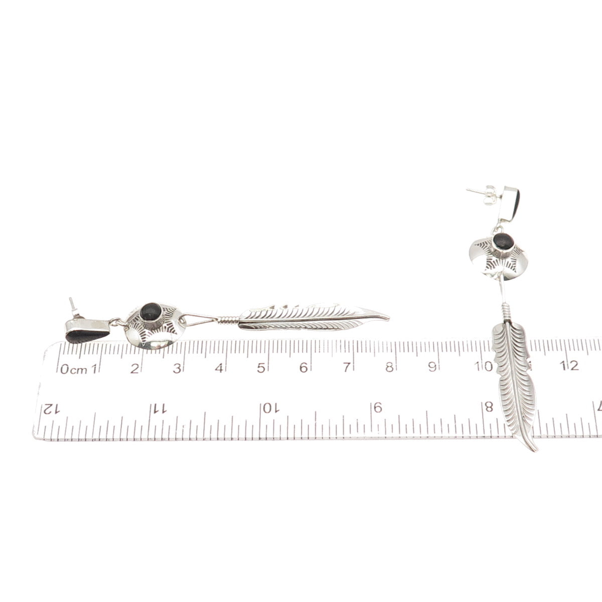 Old Pawn 925 Sterling Silver Vintage Black Onyx Concho Feather Dangle Earrings