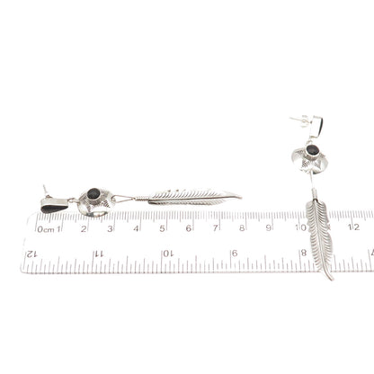 Old Pawn 925 Sterling Silver Vintage Black Onyx Concho Feather Dangle Earrings