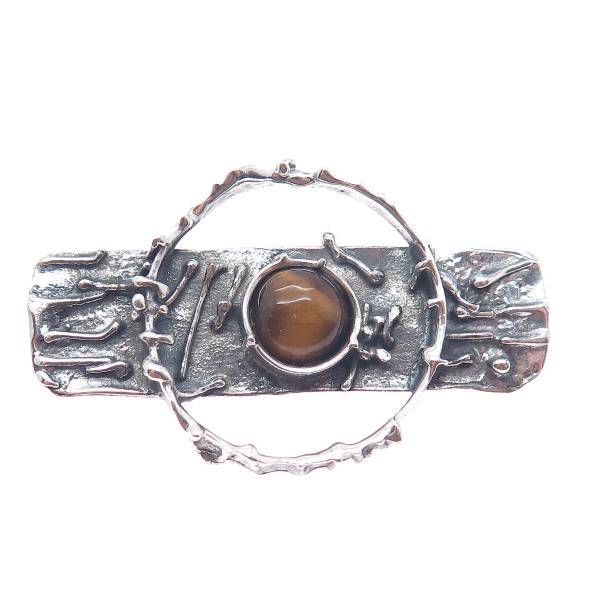 925 Sterling Silver Vintage Real Tiger Eye Modernist Oxidized Pin Brooch Pendant