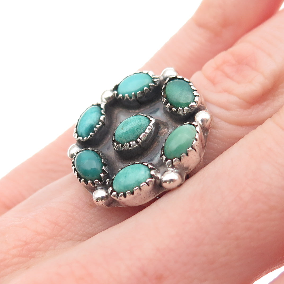 Old Pawn 925 Sterling Silver Vintage Kingman Turquoise Tribal Ring Size 4.25
