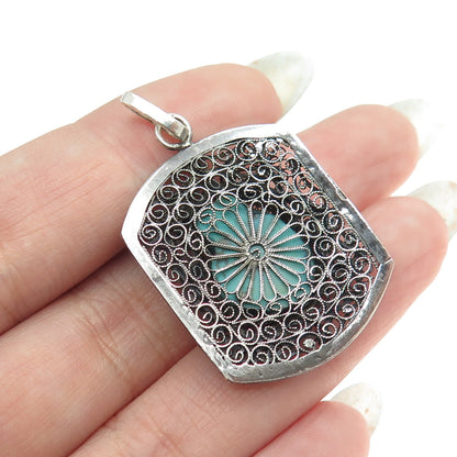 925 Sterling Silver Antique Art Deco Real Turquoise Gem Filigree Floral Pendant