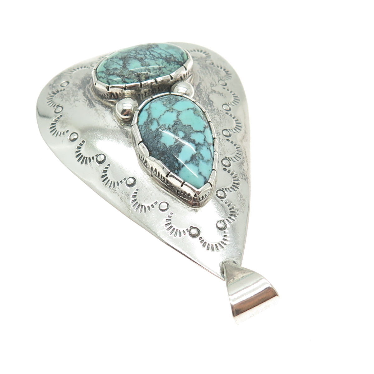 Old Pawn 925 Sterling Silver Vintage Peacock Turquoise Teardrop Tribal Pendant