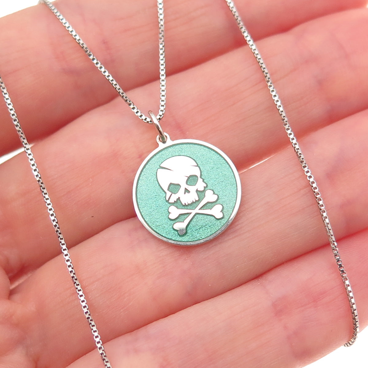 925 Sterling Silver Turquoise Enamel Skull & Crossbones Box Chain Necklace 18"