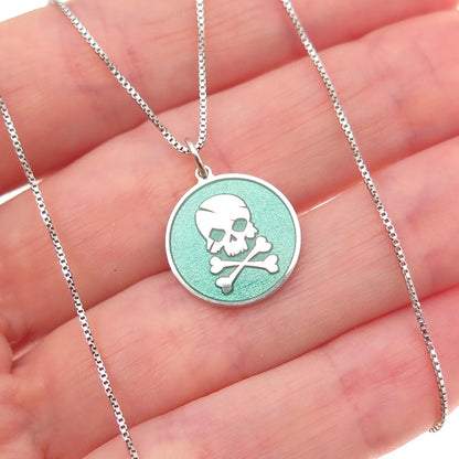 925 Sterling Silver Turquoise Enamel Skull & Crossbones Box Chain Necklace 18"