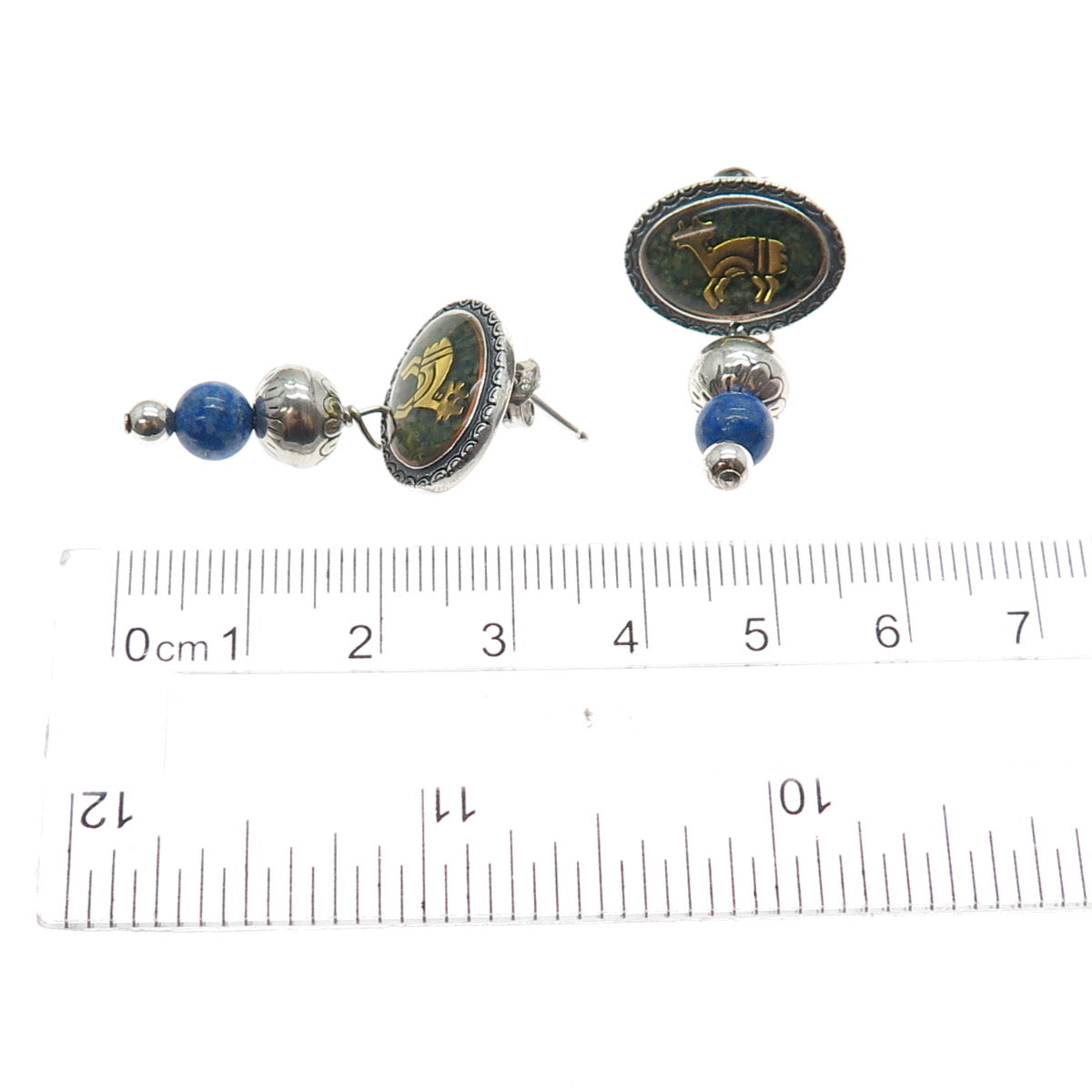 CAROLYN POLLACK Old Pawn 925 Sterling 2-Tone Vintage Lapis Inlay Goat Earrings