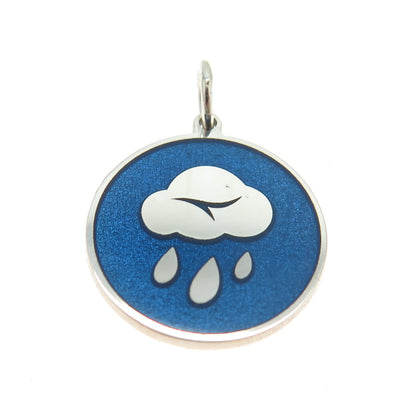 925 Sterling Silver Blue Enamel Rainy Cloud Round Tag Minimalist Charm Pendant