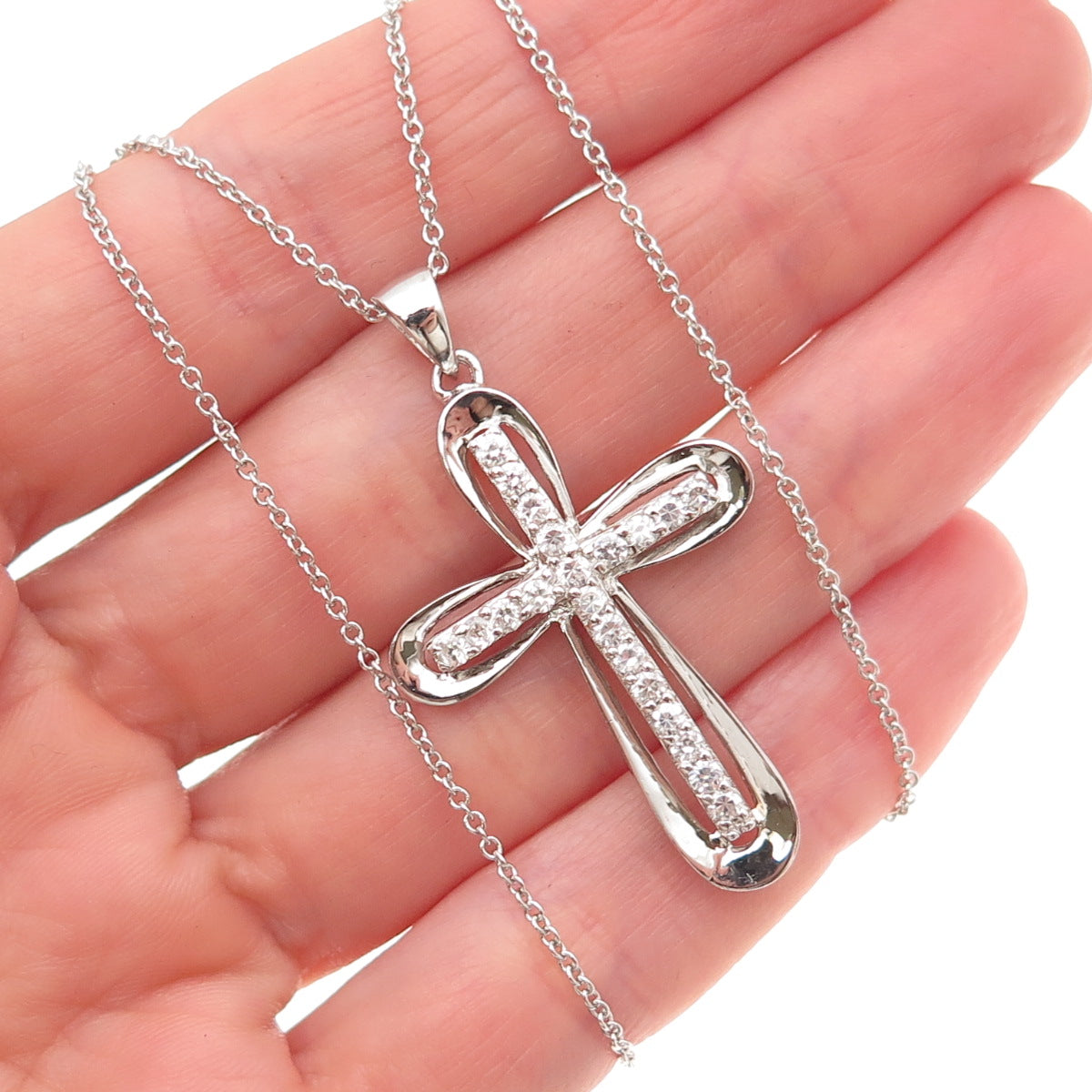 925 Sterling Silver Round-Cut C Z Cross Cable Chain Necklace 18"