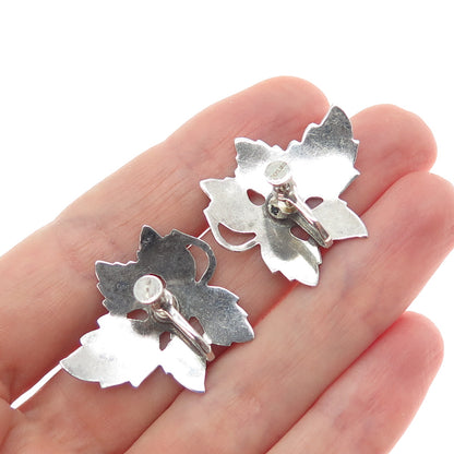 925 Sterling Silver Vintage Oak Leaf Floral Oxidized Screw Back Earrings