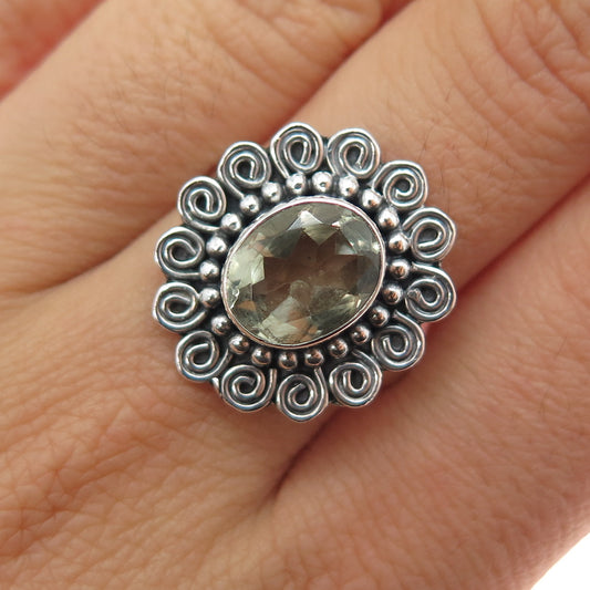 925 Sterling Silver Vintage Real Green Amethyst Swirl Oxidized Ring Size 8.25