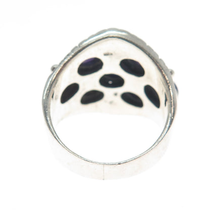 925 Sterling Silver Vintage Real Amethyst Modernist Oxidized Ring Size 7
