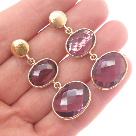925 Sterling Silver Gold Plated Vintage Real Amethyst Modernist Dangle Earrings
