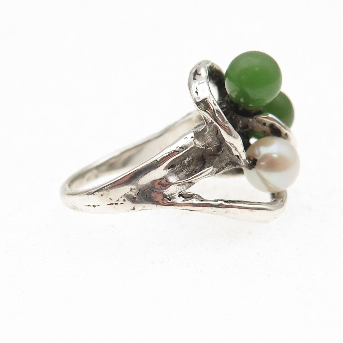 925 Sterling Silver Vintage Real Pearl & Jade Modernist Oxidized Ring Size 4.75