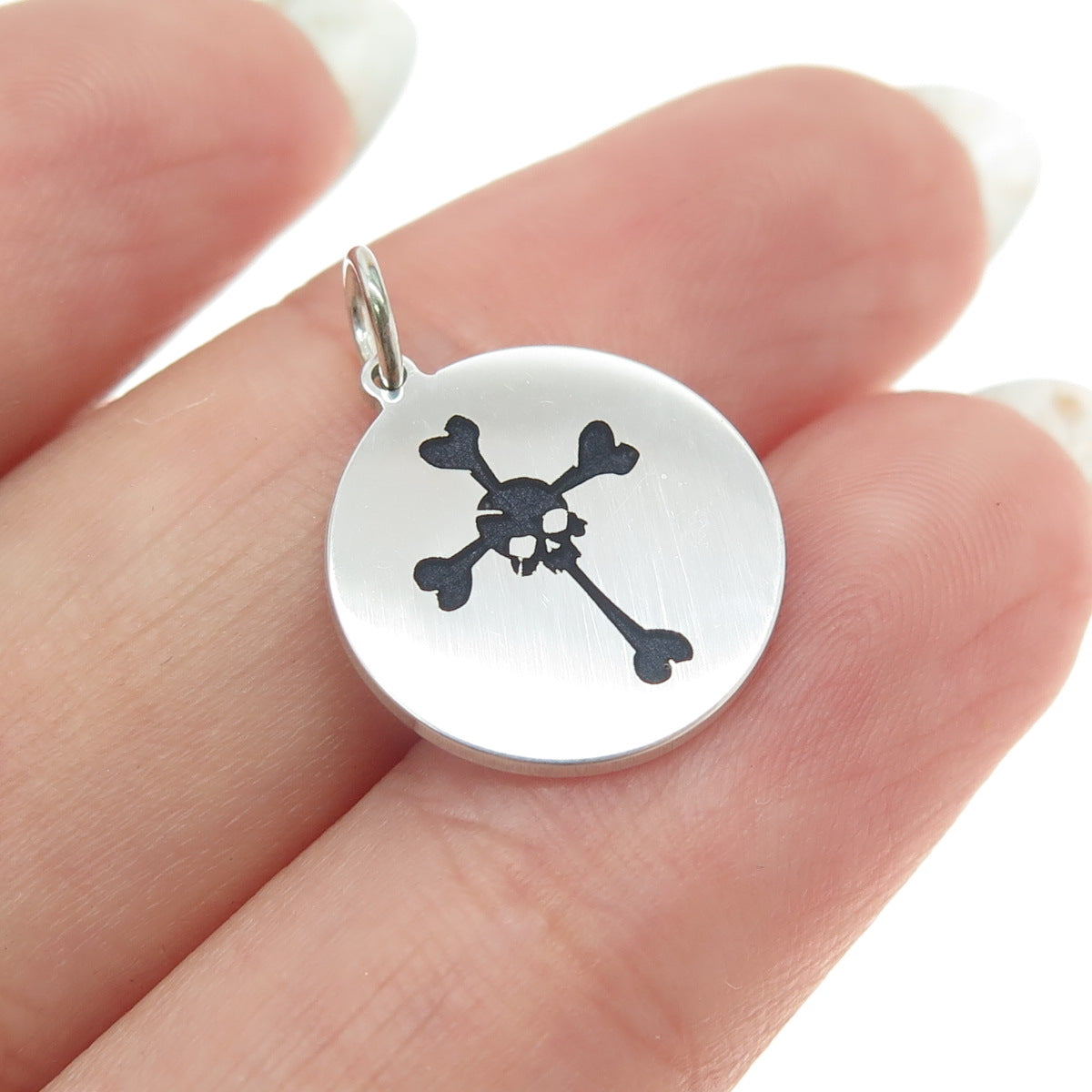 925 Sterling Silver Black Enamel Skull Cross Round Tag Minimalist Charm Pendant