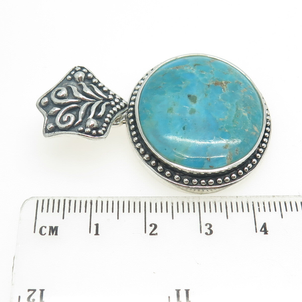 NK SILVER 925 Sterling Silver Vintage Real Turquoise Ornate Pendant